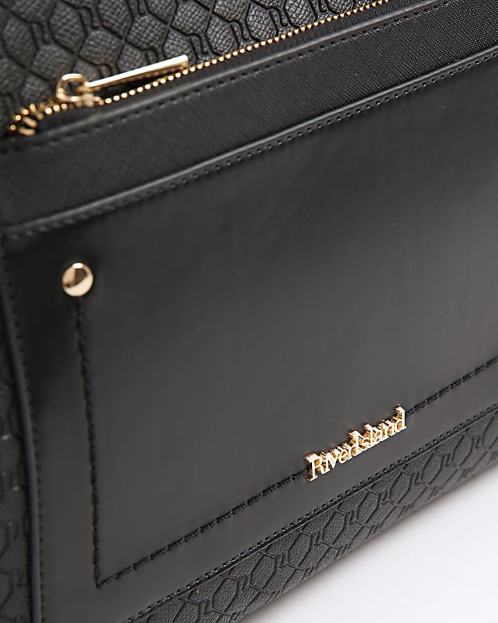 Black Pocket Front Embossed Shopper Bag