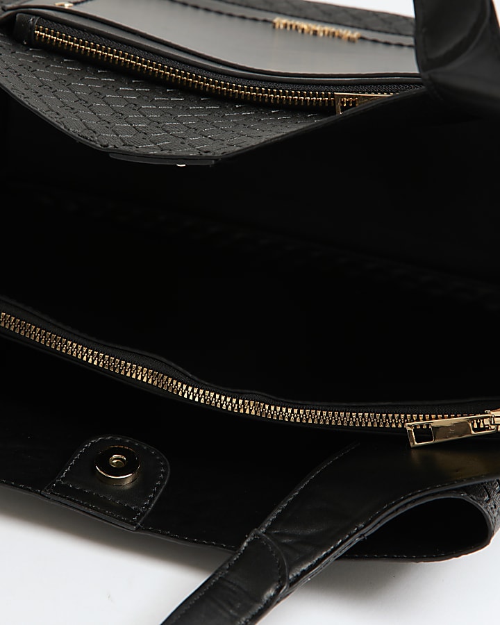Black Pocket Front Embossed Shopper Bag
