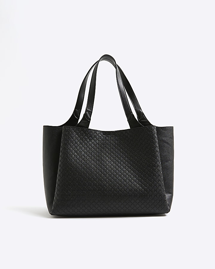 Black Pocket Front Embossed Shopper Bag