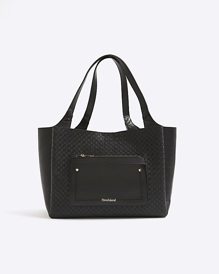 Black Pocket Front Embossed Shopper Bag