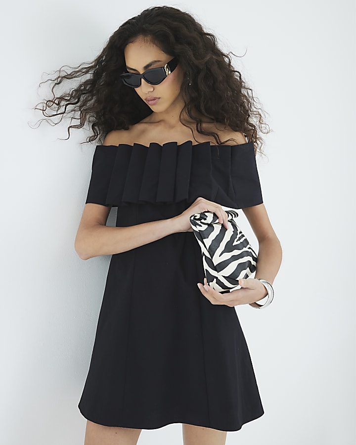 Black Premium Bow Mini Bardot Dress