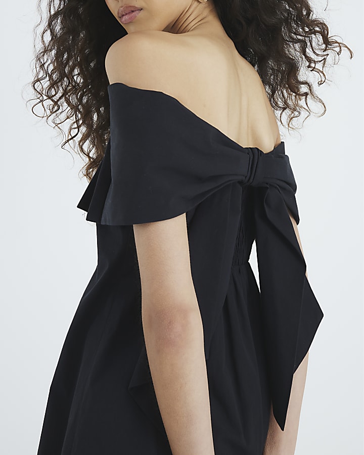 Black Premium Bow Mini Bardot Dress