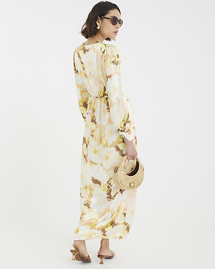 Cream Satin Floral Twist Front Maxi Dress