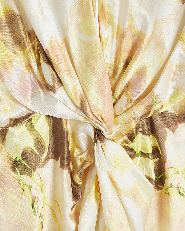 Cream Satin Floral Twist Front Maxi Dress