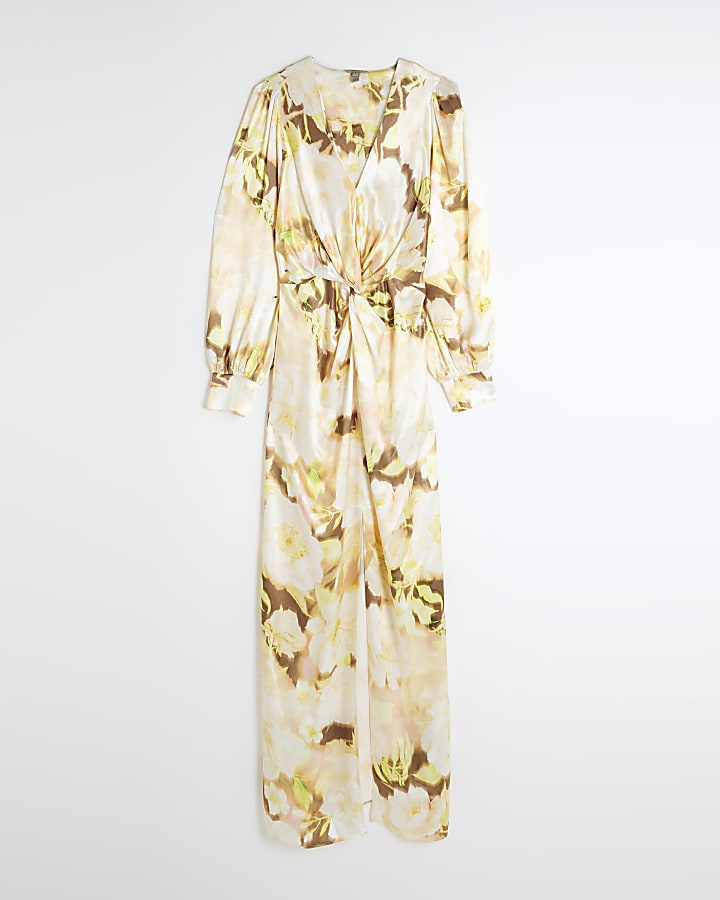 Cream Satin Floral Twist Front Maxi Dress