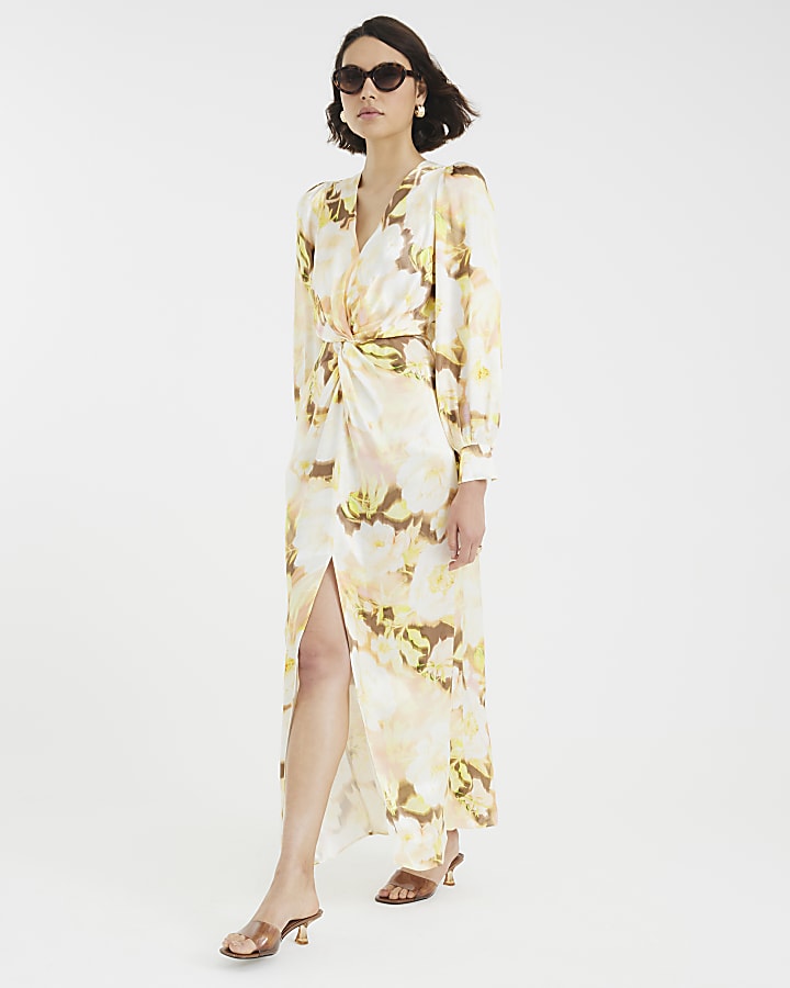 Cream Satin Floral Twist Front Maxi Dress