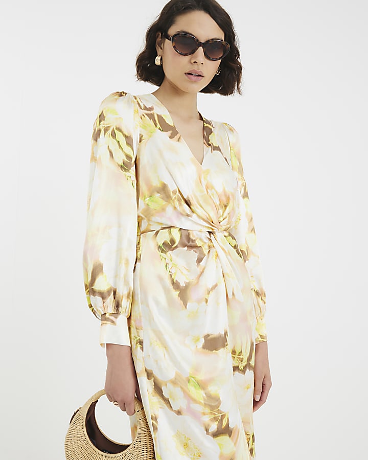 Cream Satin Floral Twist Front Maxi Dress