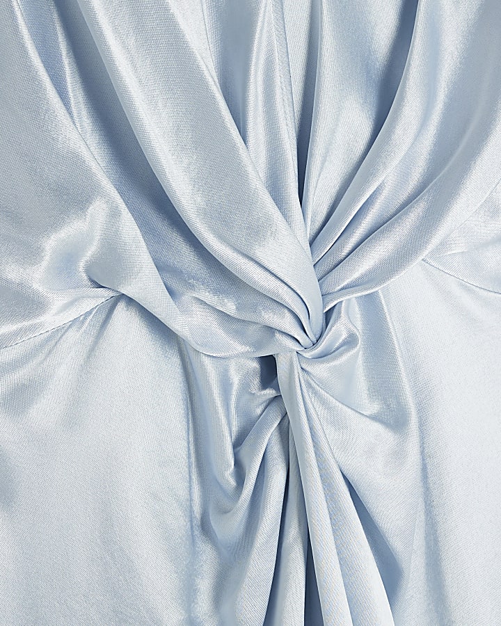 Blue Satin Long Sleeve Twist Front Maxi Dress