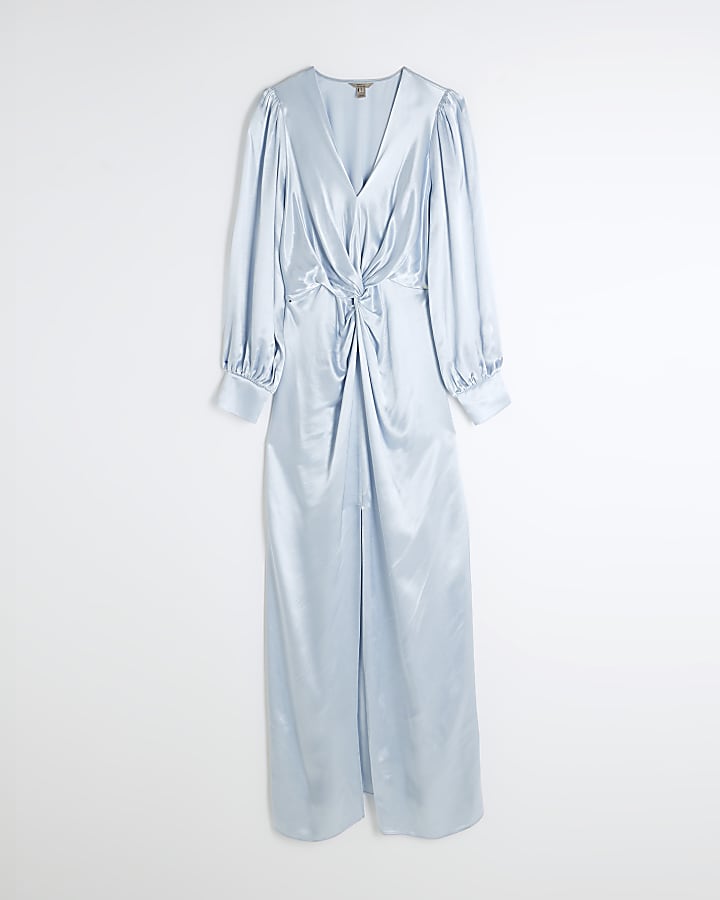 Blue Satin Long Sleeve Twist Front Maxi Dress