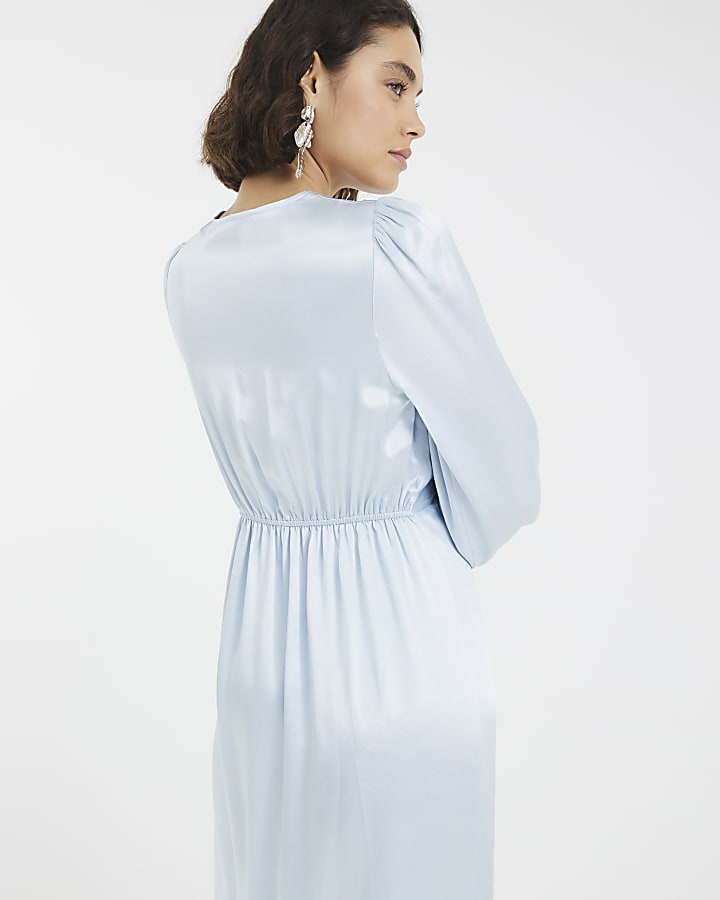 Blue Satin Long Sleeve Twist Front Maxi Dress