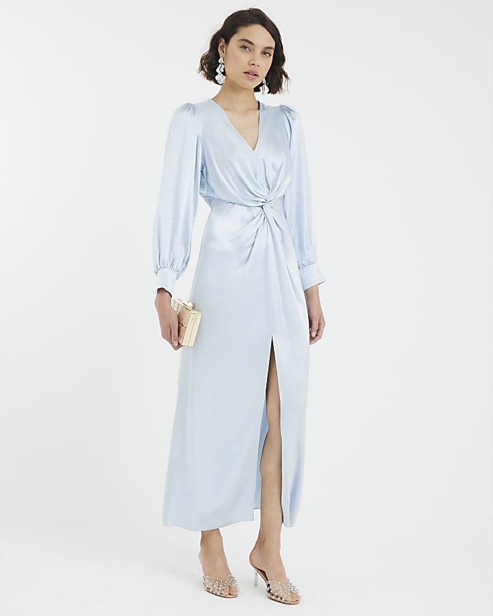 Blue Satin Long Sleeve Twist Front Maxi Dress