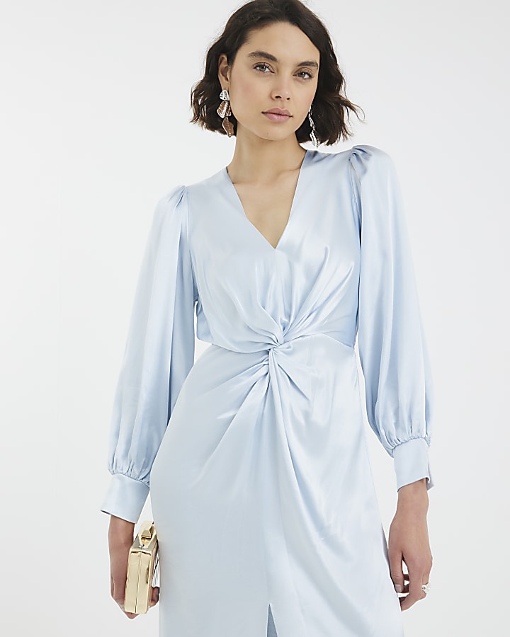 Blue Satin Long Sleeve Twist Front Maxi Dress