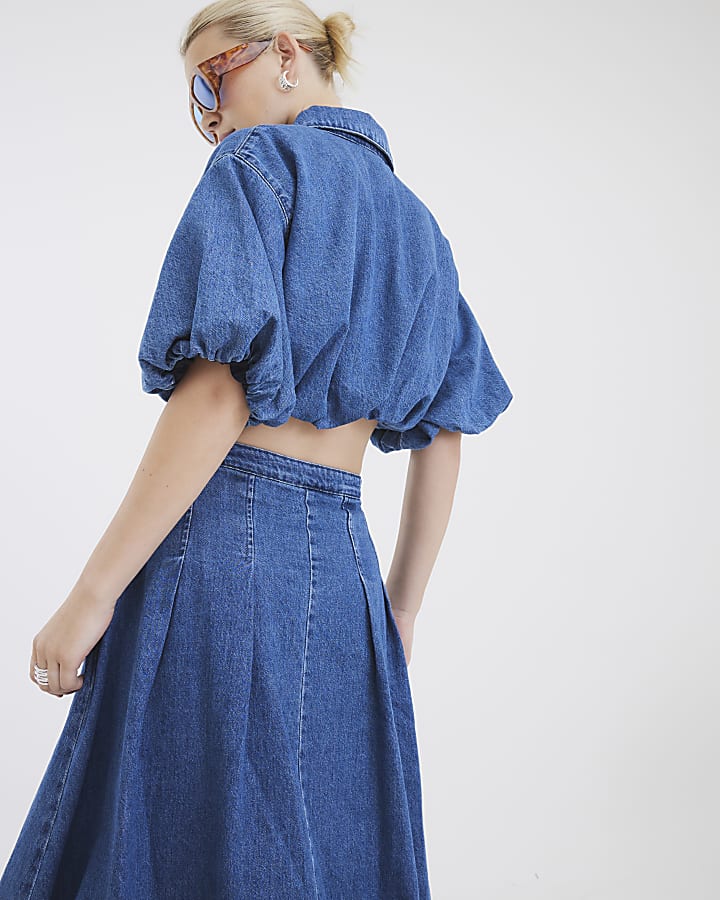 Blue Denim Short Sleeve Bubble Hem Top