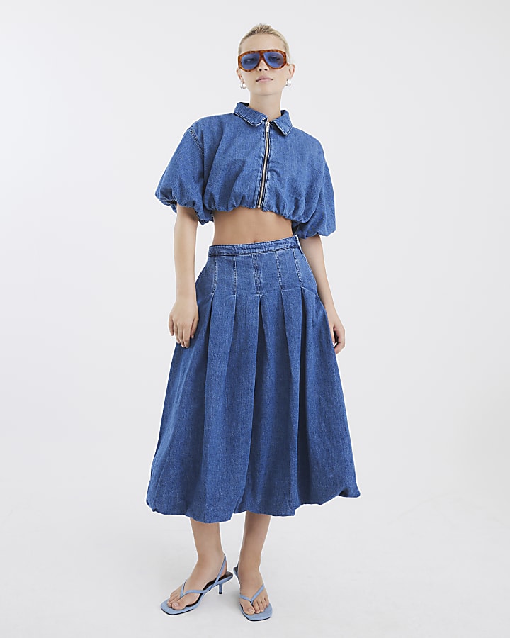 Blue Denim Short Sleeve Bubble Hem Top