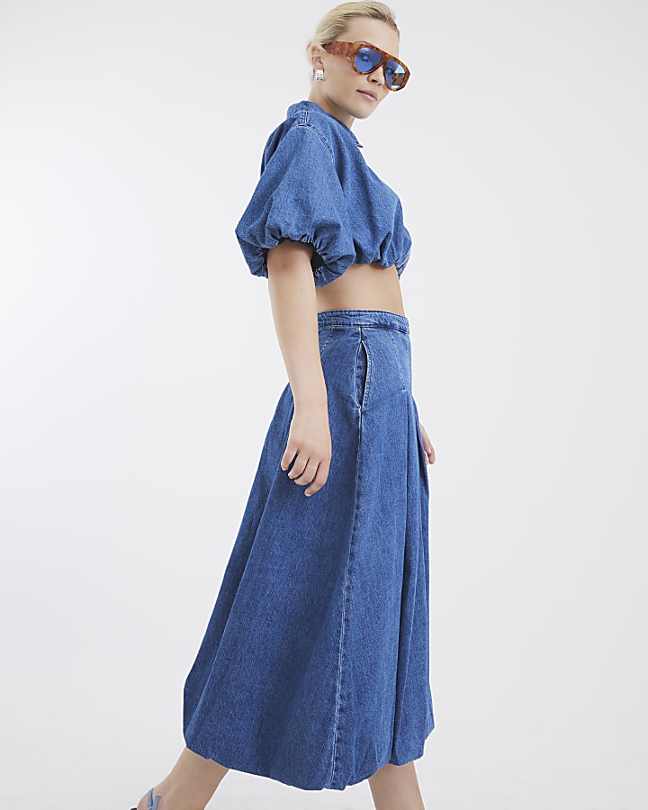 Blue Denim Bubble Hem Midi Skirt