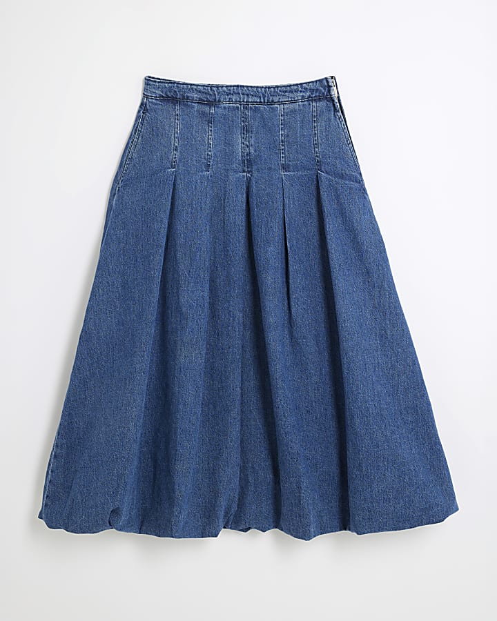 Blue Denim Bubble Hem Midi Skirt