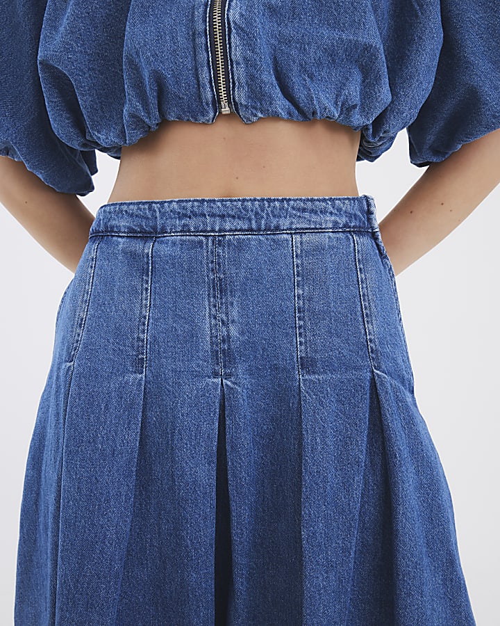 Blue Denim Bubble Hem Midi Skirt