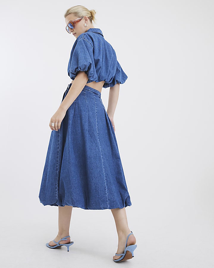 Blue Denim Bubble Hem Midi Skirt