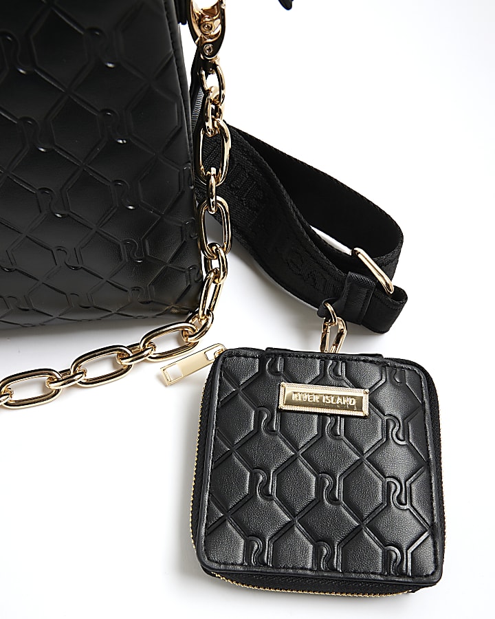 Black Embossed Monogram Chain Cross Body Bag