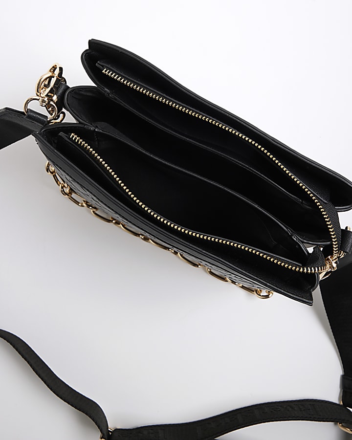 Black Embossed Monogram Chain Cross Body Bag