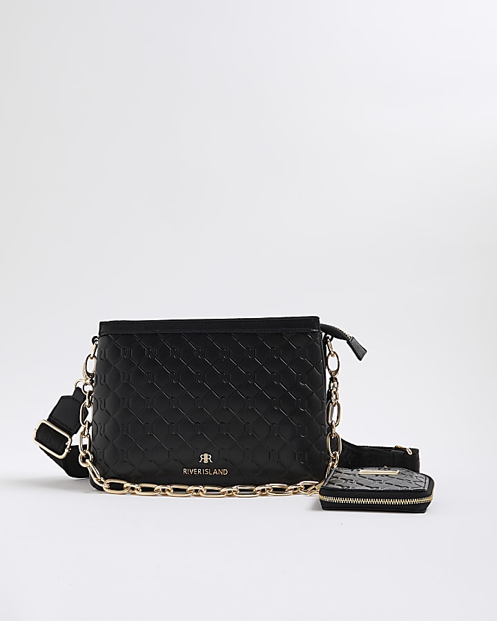 Black Embossed Monogram Chain Cross Body Bag