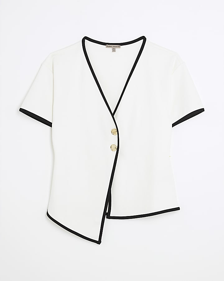 Cream Short Sleeve Tipped Button Up Top