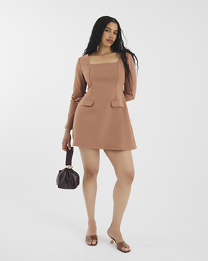 Brown Long Sleeve Square Neck Mini Dress