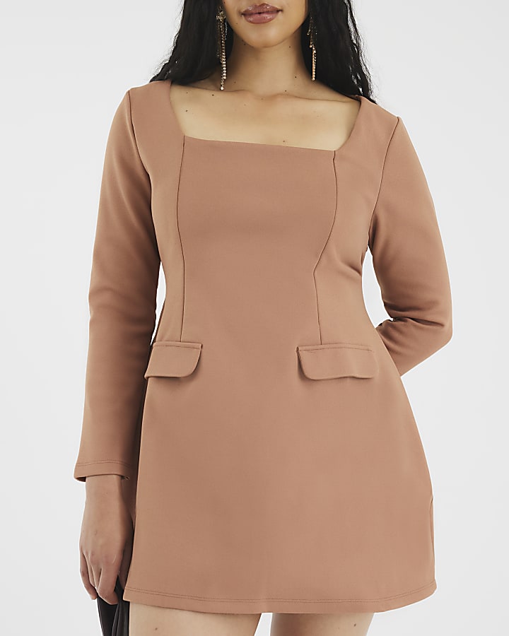 Brown Long Sleeve Square Neck Mini Dress