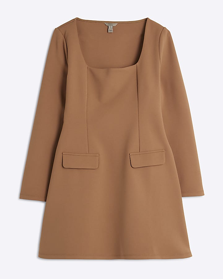 Brown Long Sleeve Square Neck Mini Dress