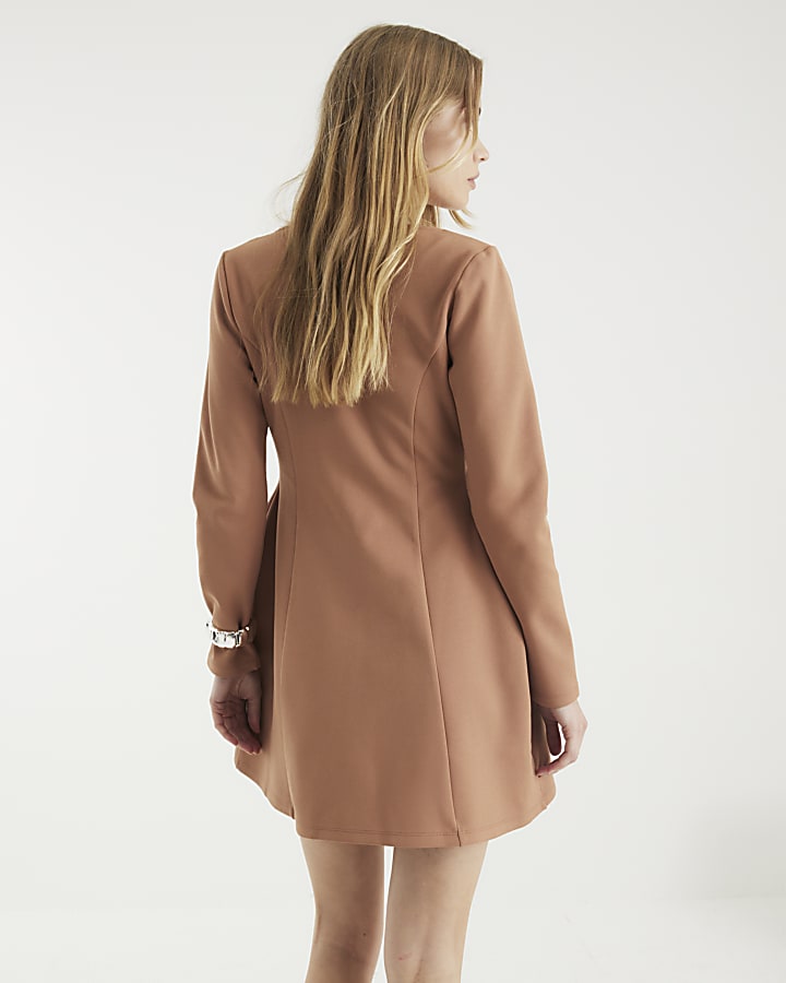 Brown Long Sleeve Square Neck Mini Dress