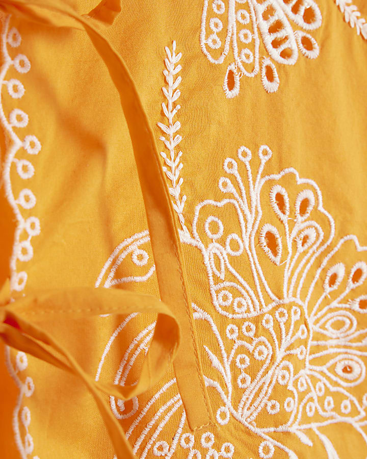 Orange Short Sleeve Embroidered Tie Front Top