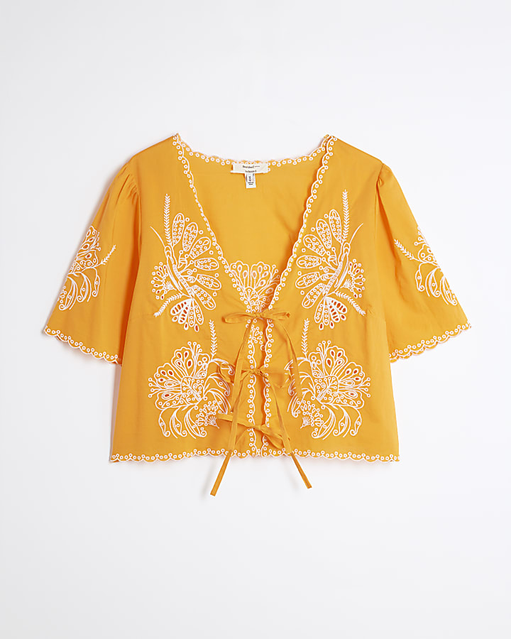 Orange Short Sleeve Embroidered Tie Front Top