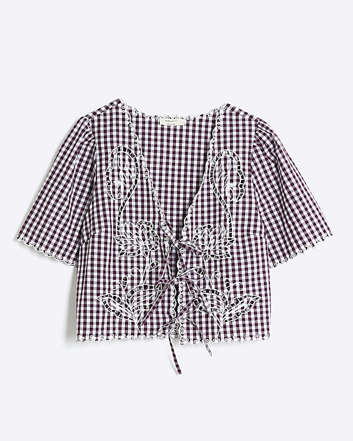 Red Gingham Short Sleeve Tie Front Top