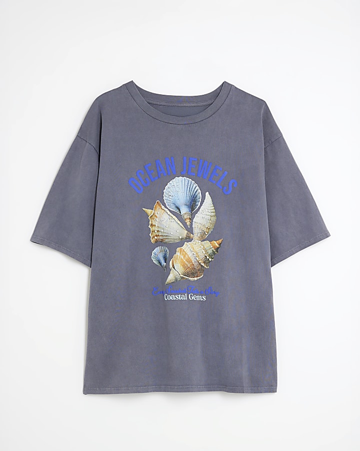 Blue Ocean Shell Pearl Embellished T-Shirt
