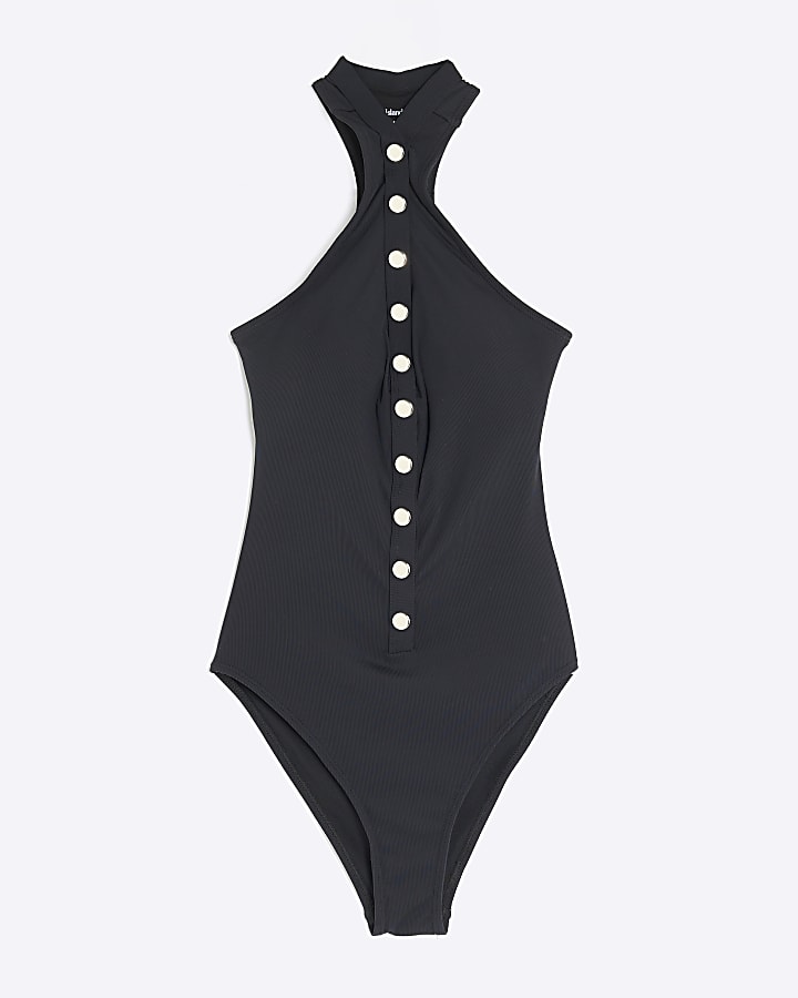 Black Plunge Neckline Ribbed Popper Swimsuit