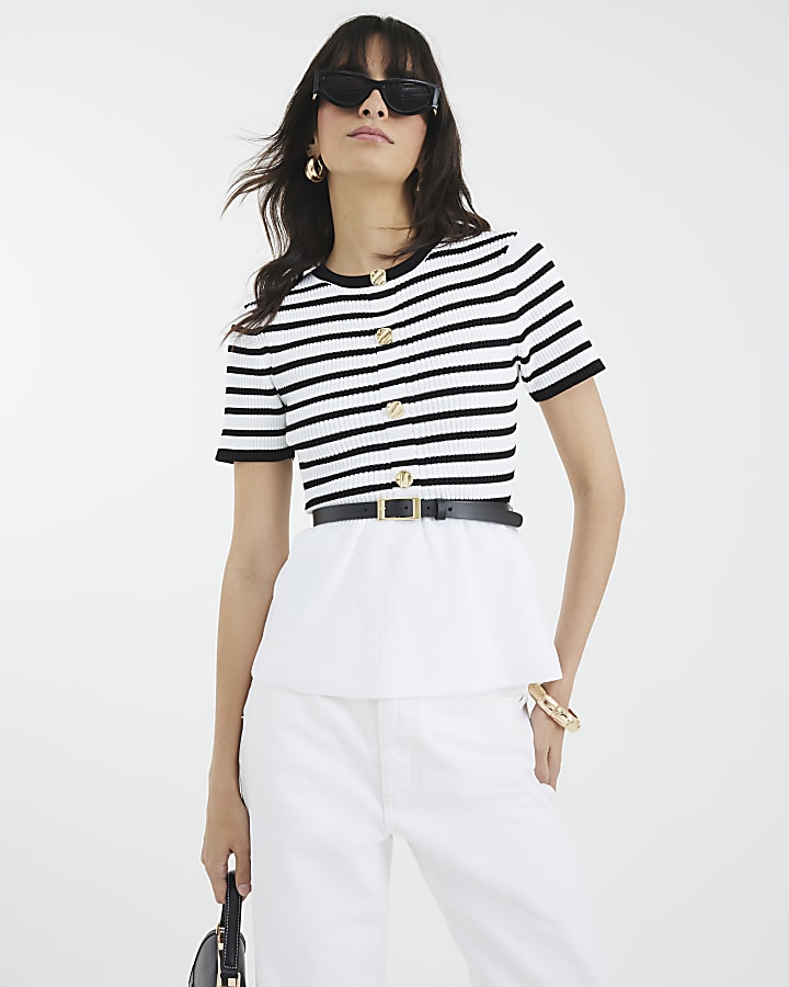Cream Striped Short Sleeve Belted Cardigan