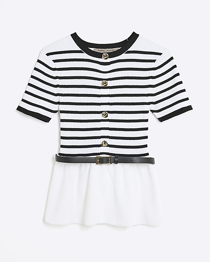 Cream Striped Short Sleeve Belted Cardigan