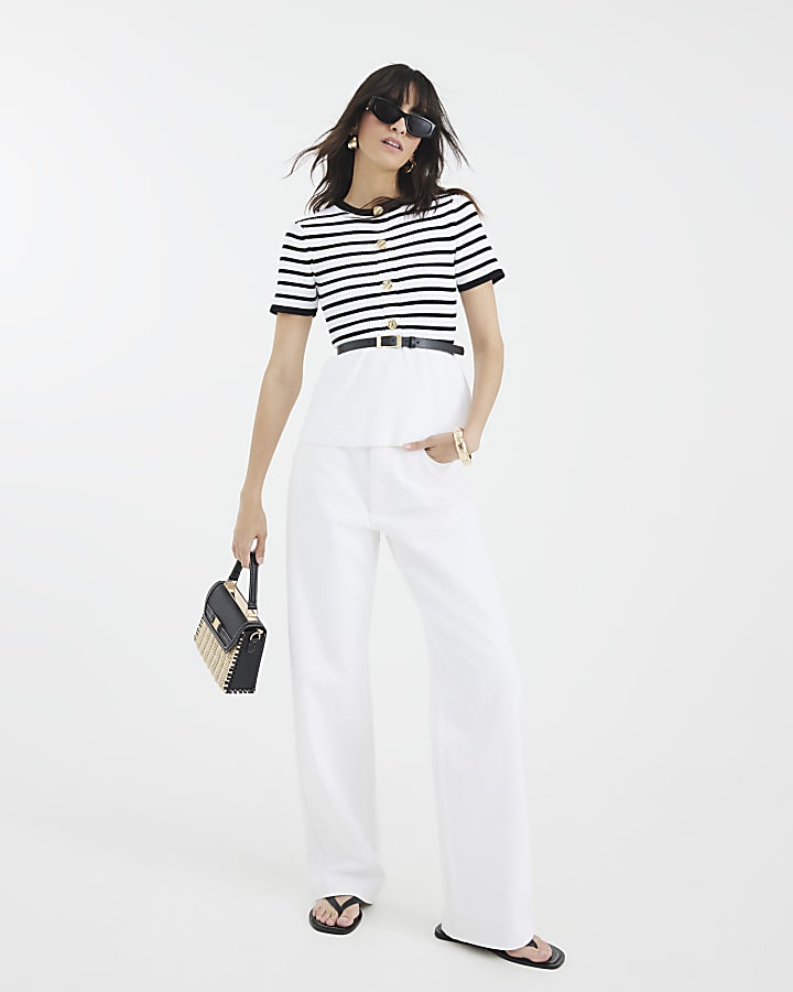 Cream Striped Short Sleeve Belted Cardigan