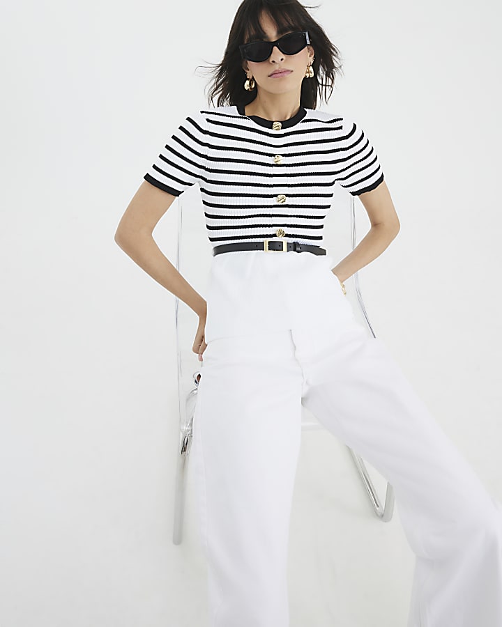 Cream Striped Short Sleeve Belted Cardigan