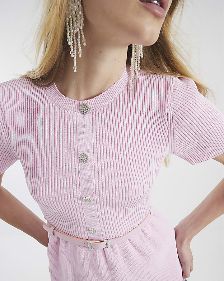 Pink Knit Short Sleeve Belted Cardigan