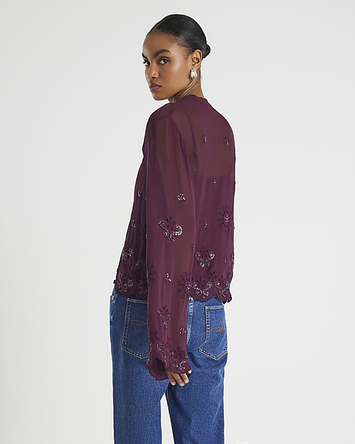 Red Chiffon Embellished Cutwork Blouse