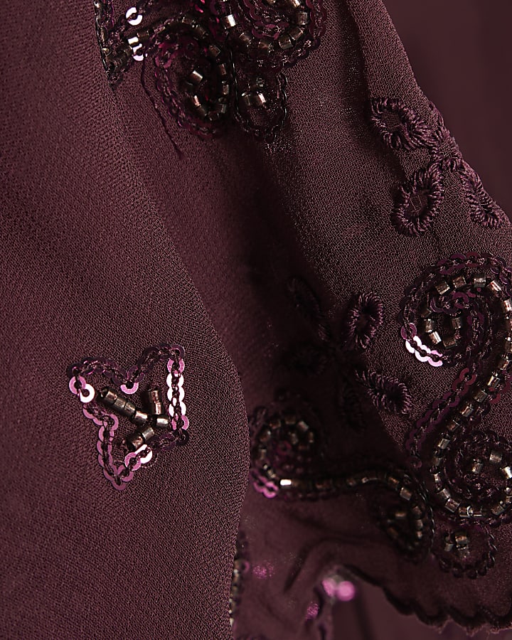 Red Chiffon Embellished Cutwork Blouse