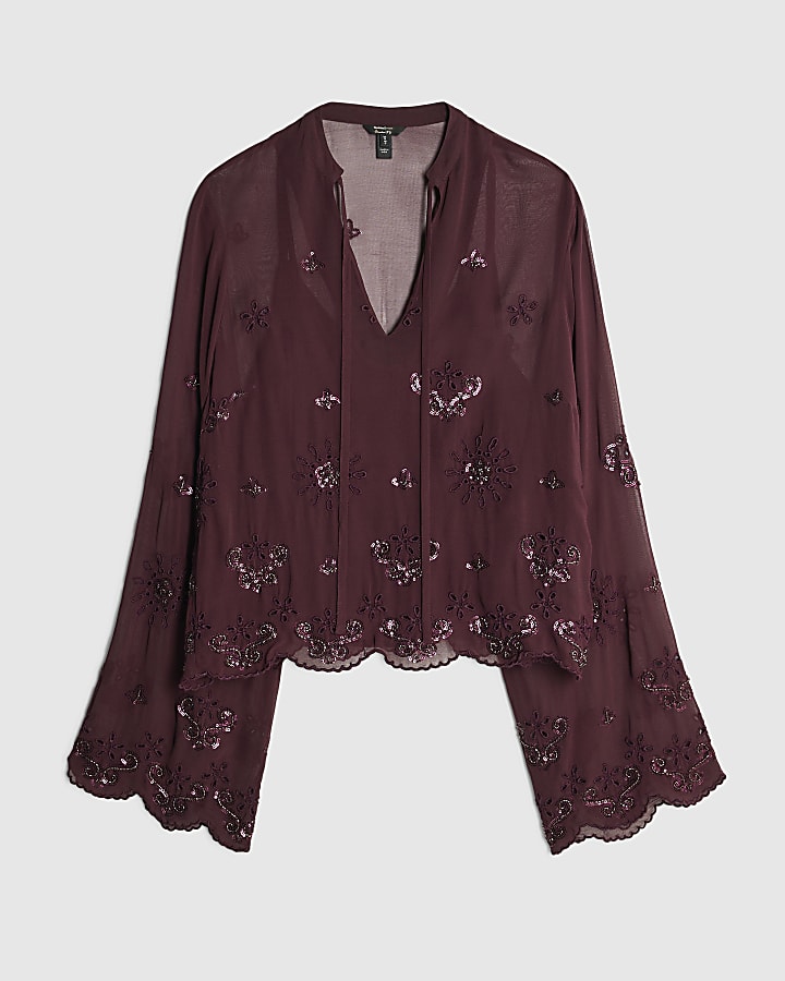 Red Chiffon Embellished Cutwork Blouse