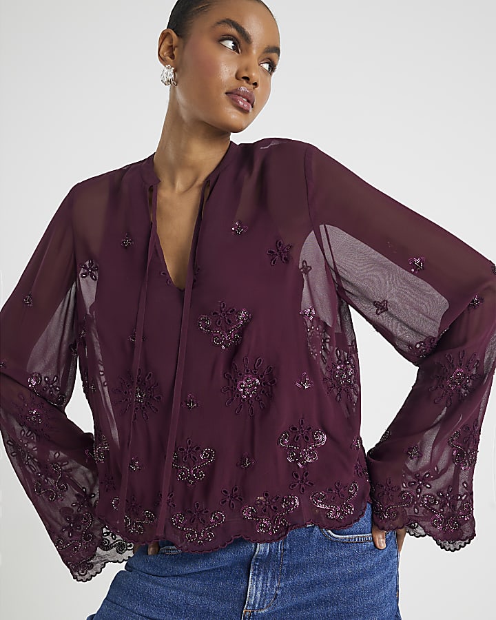 Red Chiffon Embellished Cutwork Blouse