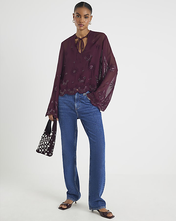 Red Chiffon Embellished Cutwork Blouse