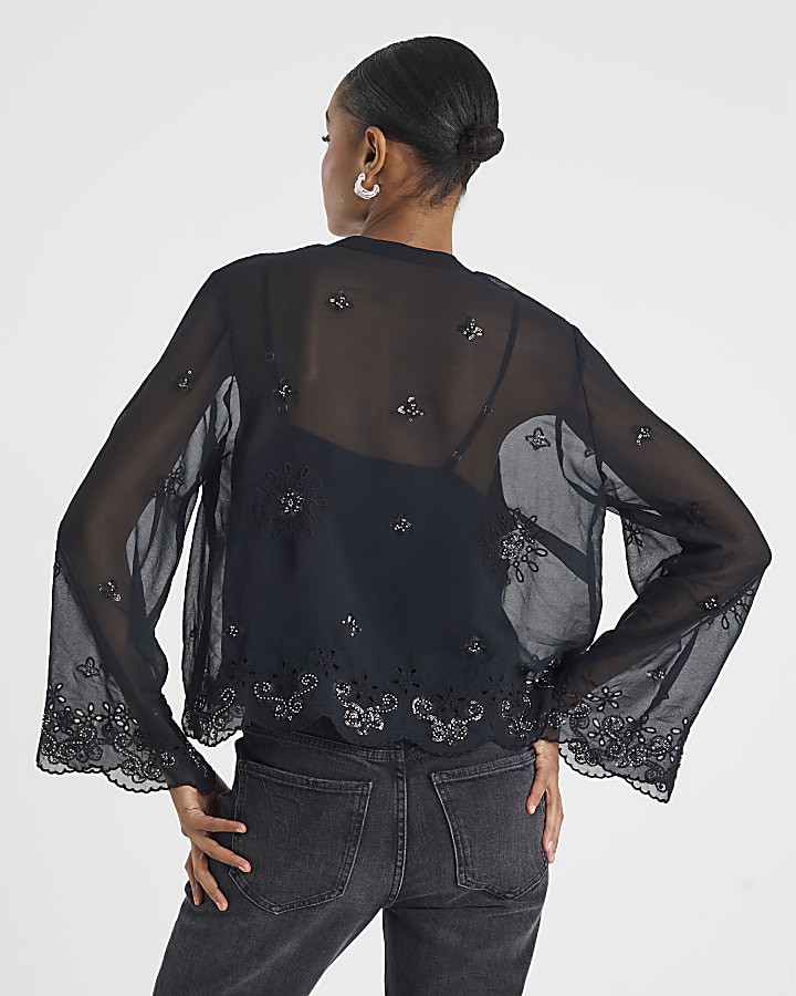 Black Long Sleeve Chiffon Cutwork Blouse