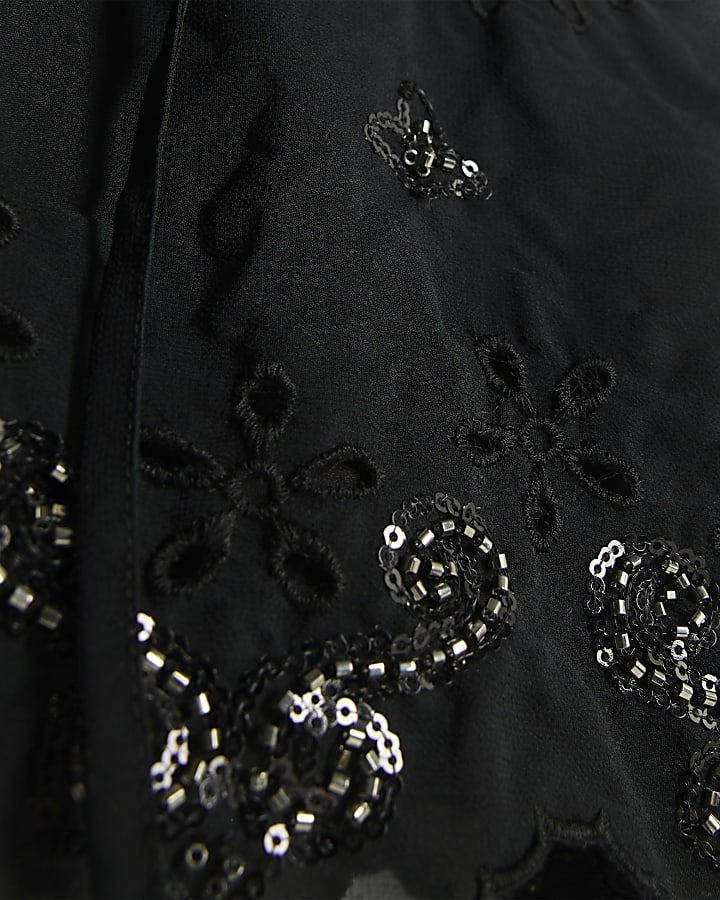 Black Long Sleeve Chiffon Cutwork Blouse