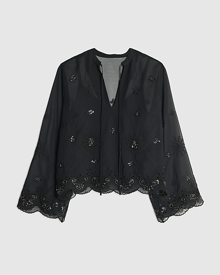 Black Long Sleeve Chiffon Cutwork Blouse