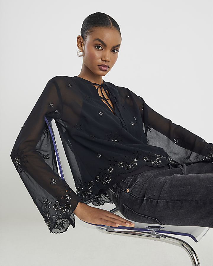Black Long Sleeve Chiffon Cutwork Blouse