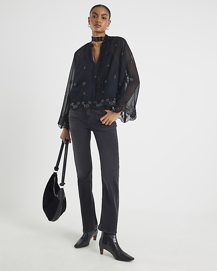 Black Long Sleeve Chiffon Cutwork Blouse